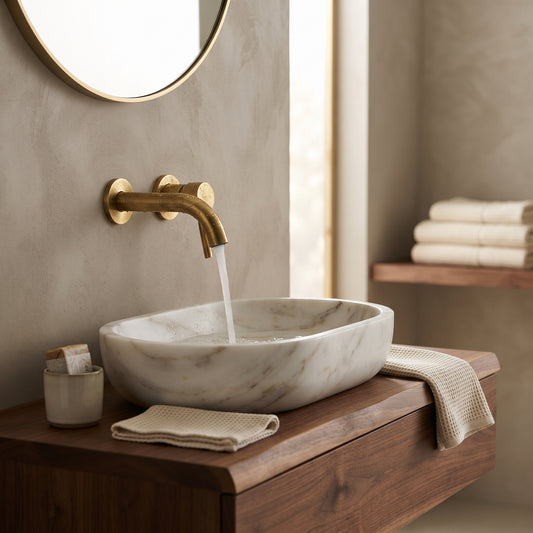 Side view of the brass wall-mount faucet running into a white vessel sink on a wood vanity