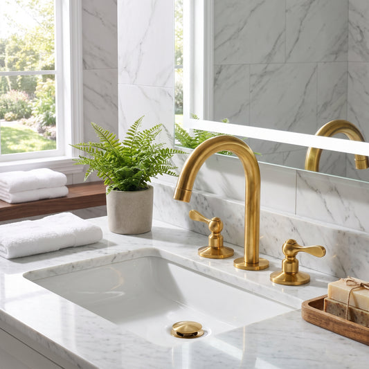 Unlacquered brass 3-hole bathroom faucet with lever handles installed on a white marble vanity