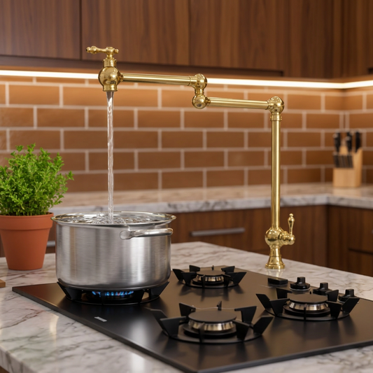 Unlacquered brass deck-mount pot filler filling a stockpot on a gas cooktop, with wood cabinets and a brick backsplash