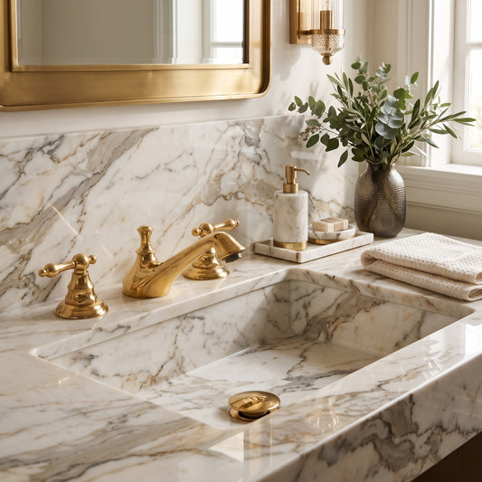 Unlacquered brass widespread bathroom faucet above a veined marble basin, with a matching drain and brass-framed mirror