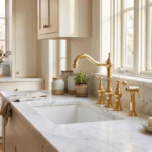 Angled view of an unlacquered brass bridge kitchen faucet and side sprayer beside a white sink beneath kitchen windows