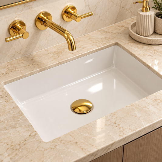 A modern bathroom sink setup with a white rectangular basin, polished gold faucet, matching gold drain, and gold wall controls set into a beige marble countertop.