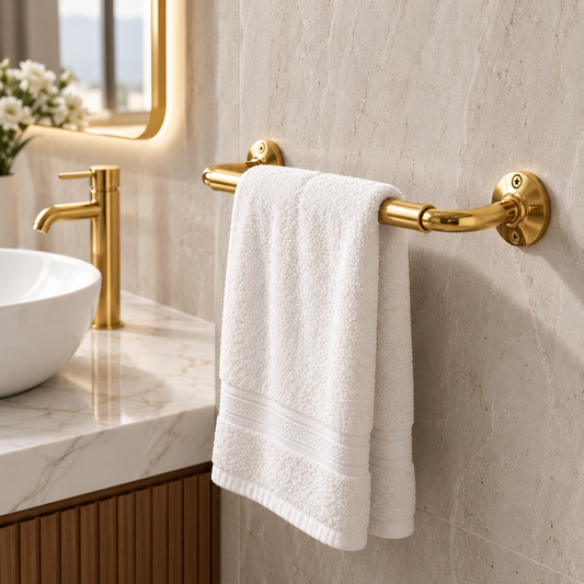 A white towel hangs from a polished gold wall-mounted towel bar in a modern bathroom with beige stone walls, a marble countertop, and a gold vessel sink.