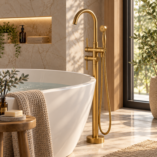Sterling floor-mounted unlacquered brass tub filler beside a white freestanding bathtub in a sunlit bathroom