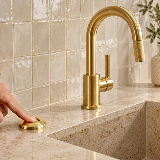 Finger pressing an unlacquered brass disposal air switch beside a brass faucet on a stone kitchen counterto