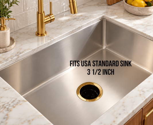 Unlacquered brass garbage disposal flange installed in a kitchen sink, with a label showing 3-1/2-inch compatibility