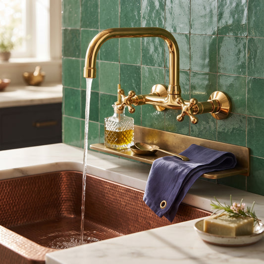 Brass wall-mount faucet running water into a copper sink against green tile