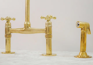 Unlacquered Brass Bridge Kitchen Sink Faucet with Side Sprayer and Drinking Water Tap