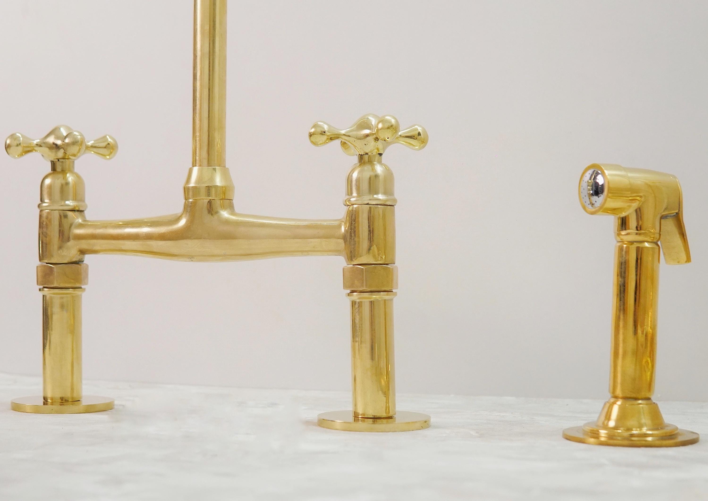 Unlacquered Brass Bridge Kitchen Sink Faucet with Side Sprayer and Drinking Water Tap