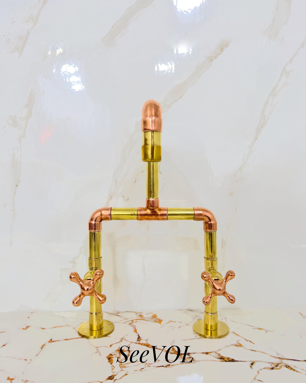 Handmade Brass & Copper Faucet, Industrial Vintage Double Handle Sink Tap