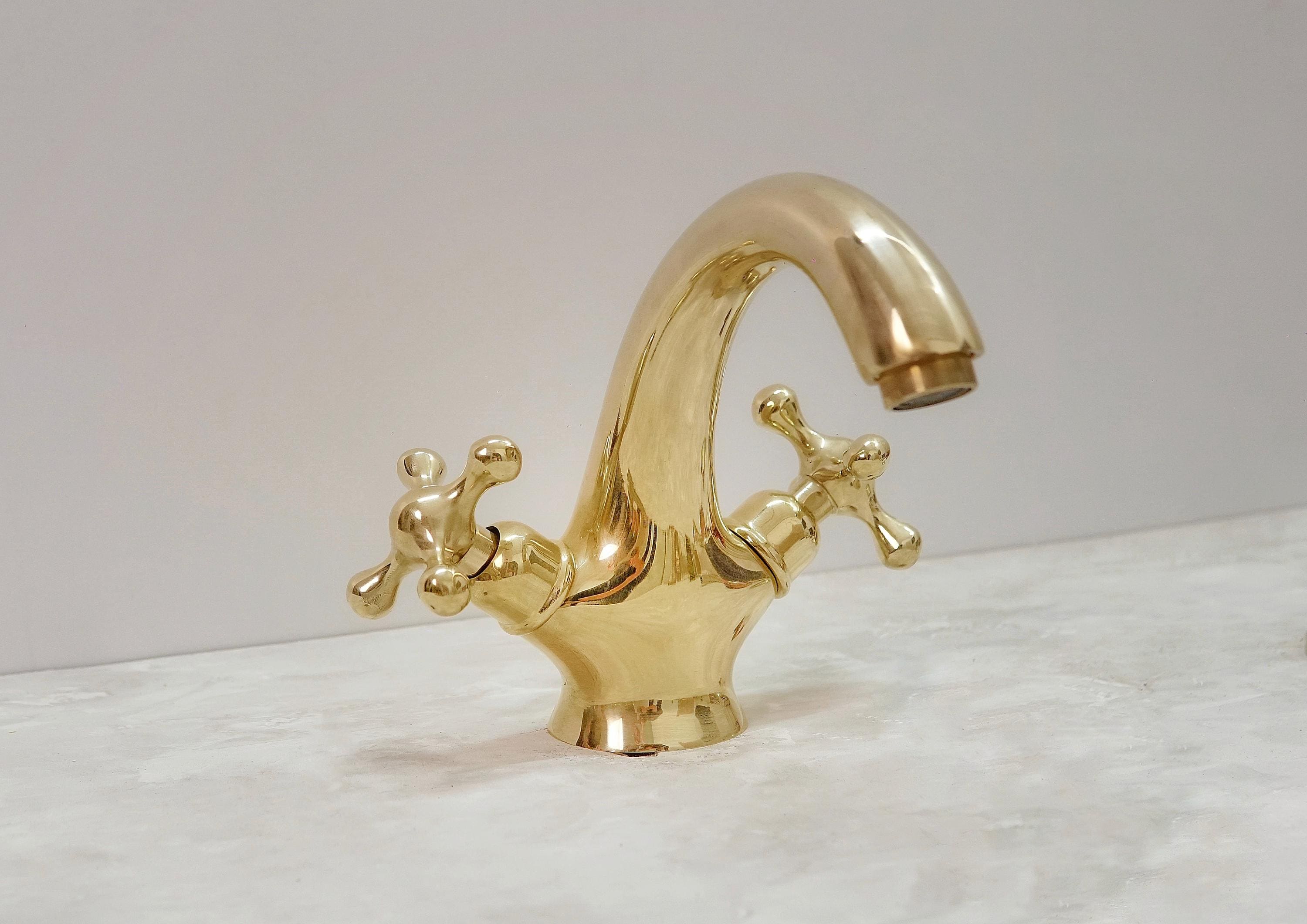 Unlacquered Brass Bathroom Faucet, Single Hole, Deck Mount, double handle faucet
