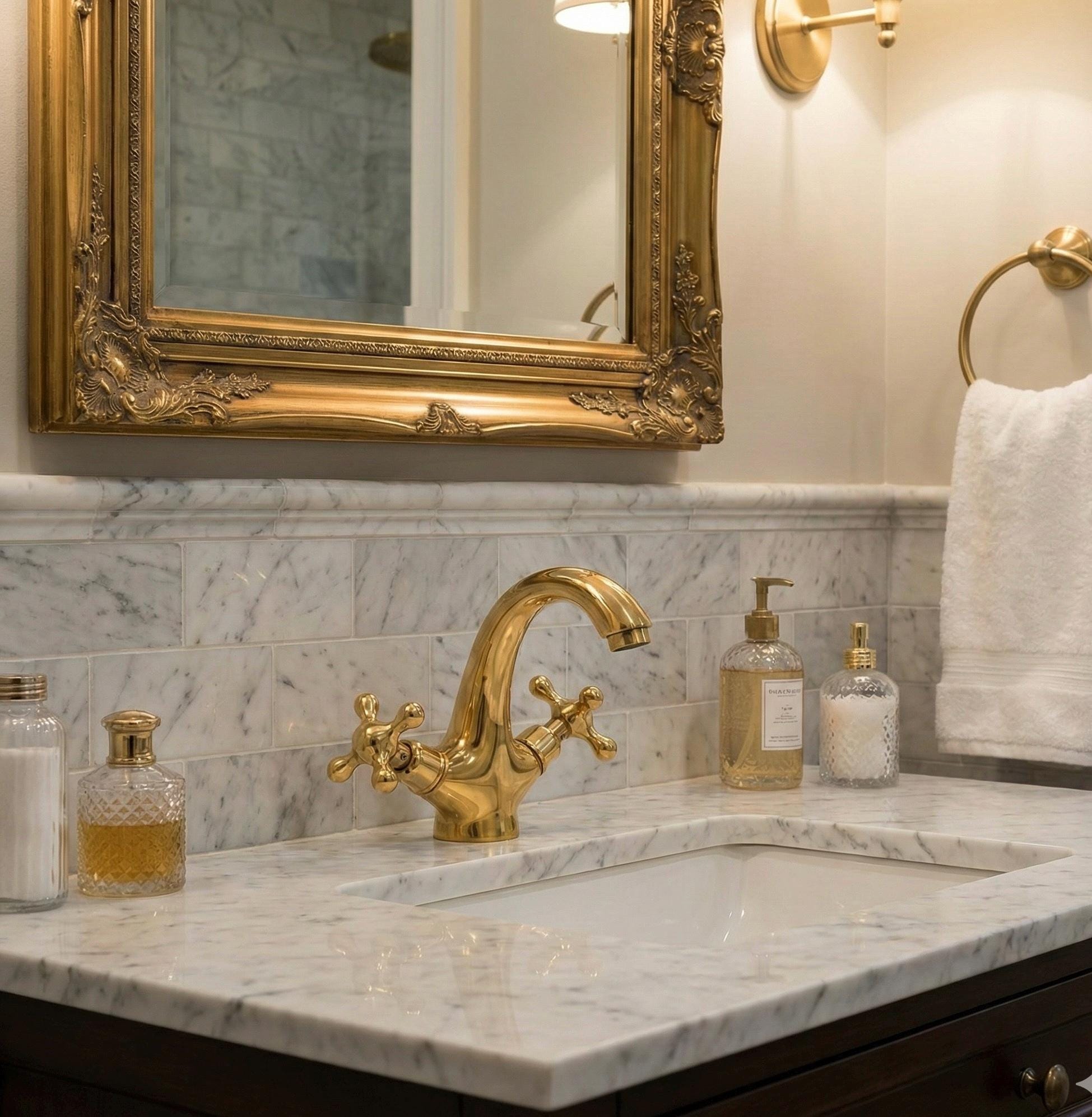 Unlacquered Brass Bathroom Faucet, Single Hole, Deck Mount, double handle faucet