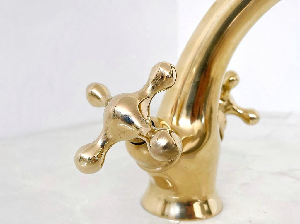 Unlacquered brass bathroom faucet, Single hole design, double handle faucet, Vintage style