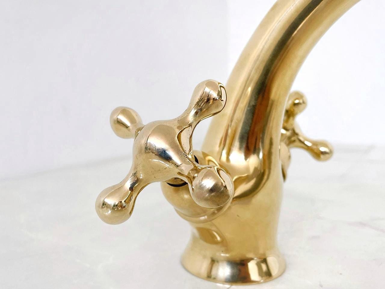 Unlacquered brass bathroom faucet, Single hole design, double handle faucet, Vintage style