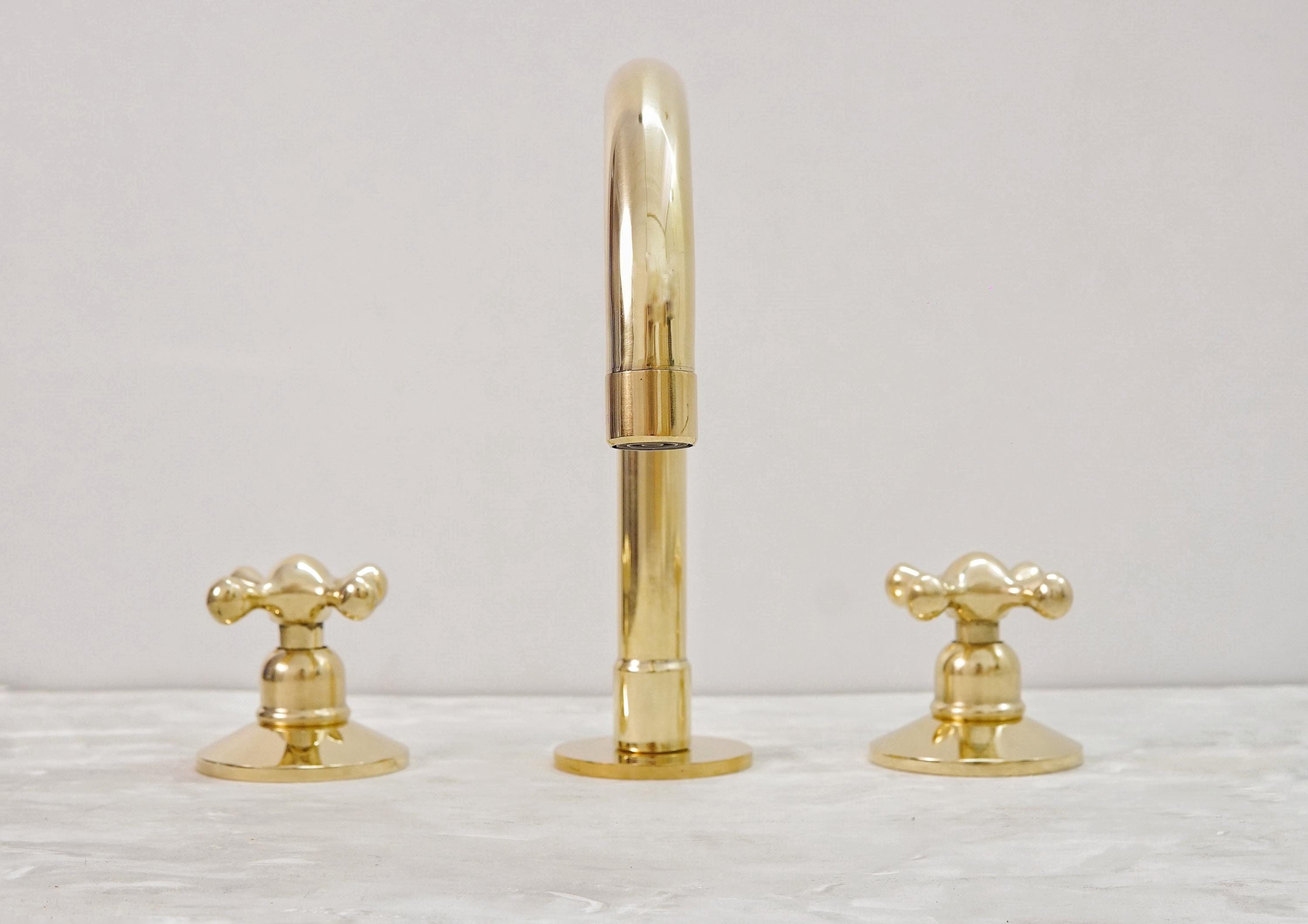 Unlacquered Brass Bathroom Faucet: Widespread 3-Hole Sink Fixture