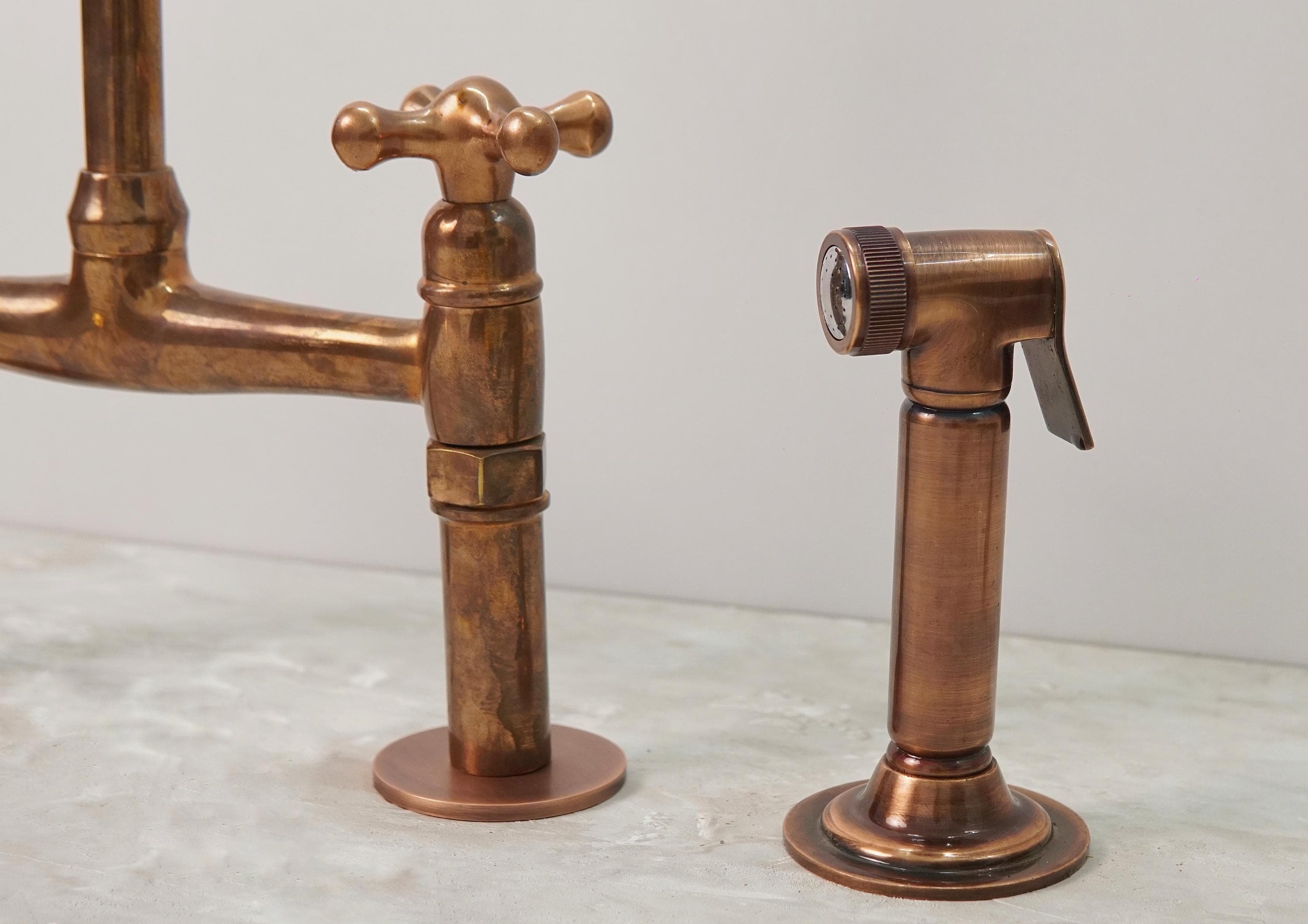 Unlacquered Copper Bridge Kitchen Faucet with Sprayer, Vintage Style