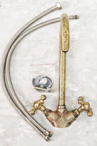 Handcrafted Engraved Brass Faucet: Antique Double Handle Design