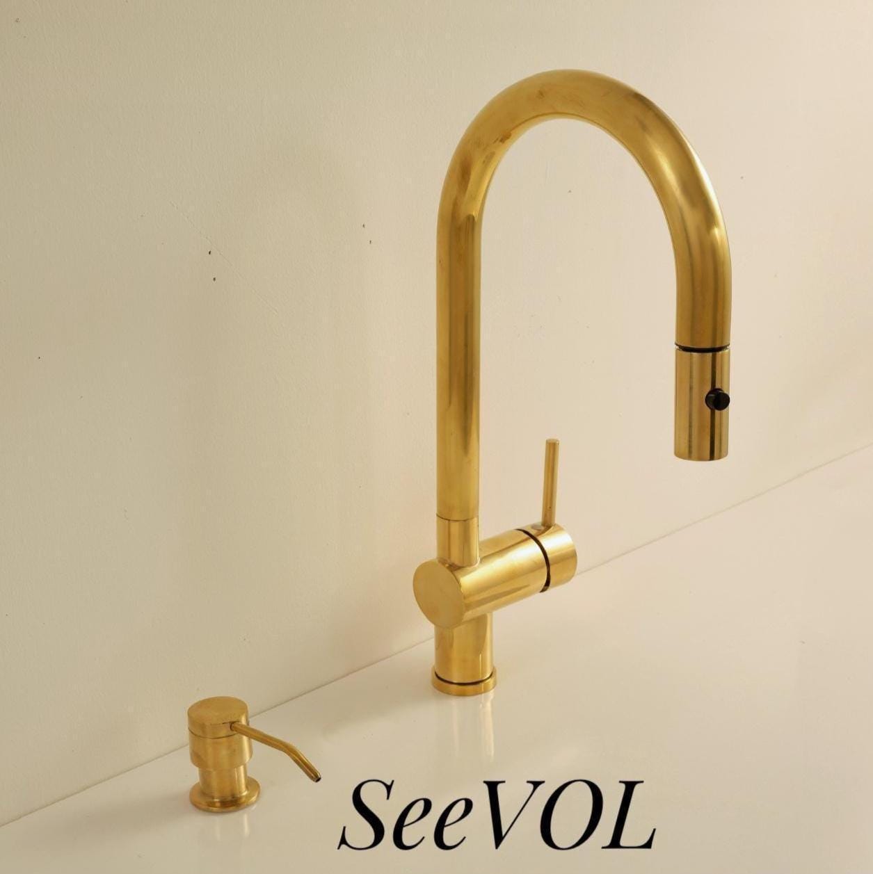Unlacquered Brass Single Handle Pull Down Kitchen Faucet,