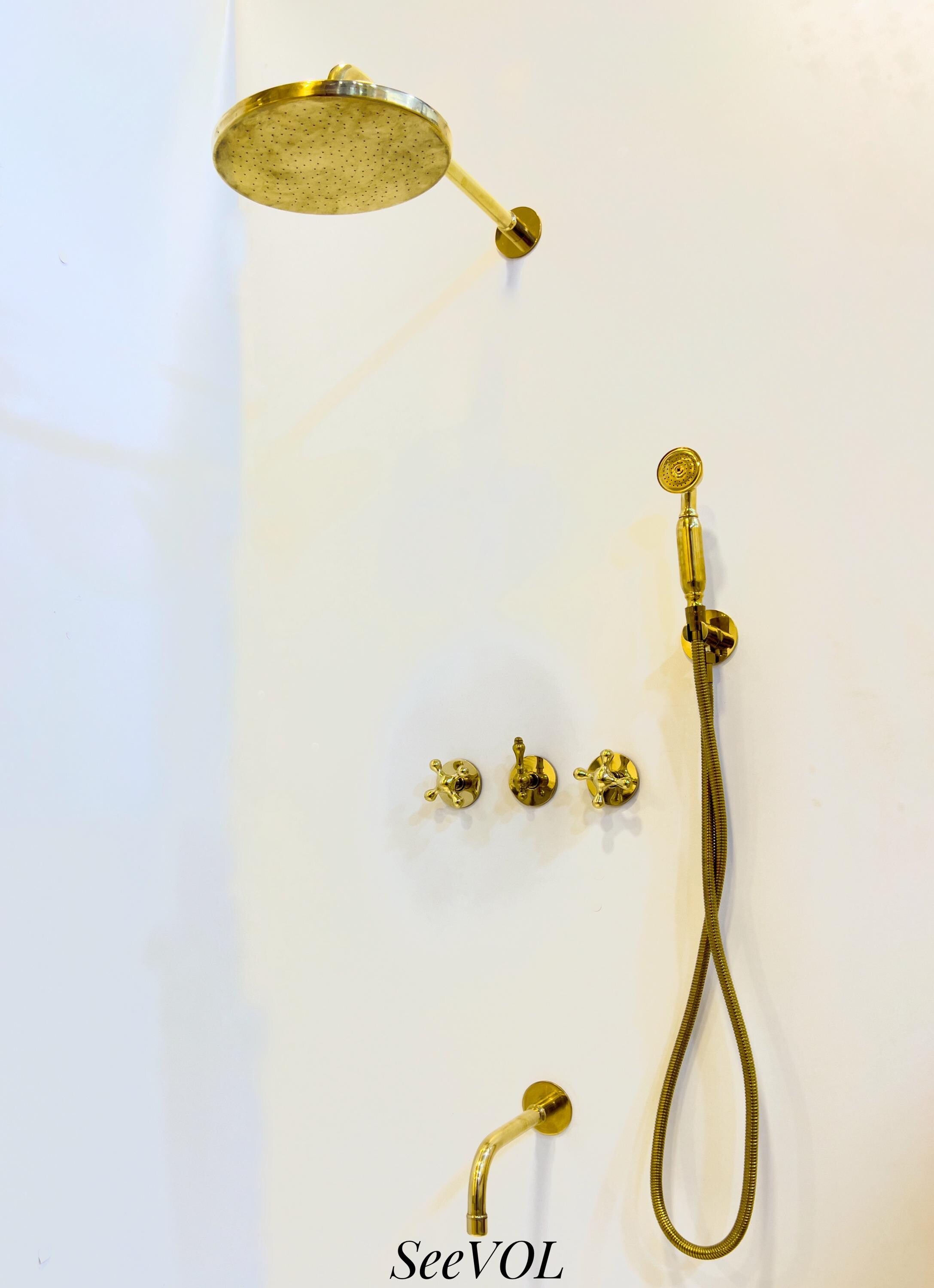 Luxury Unlacquered Brass Wall-Mounted Shower System with Overhead & Handheld Sprayer