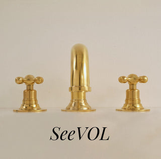 Unlacquered Brass Bathroom Faucet: Deck Mounted 3-Hole Sink
