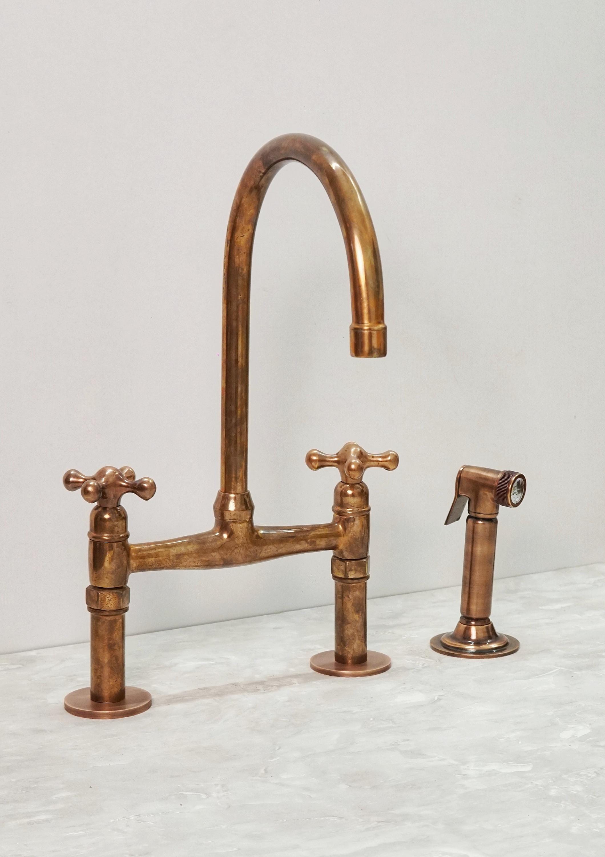 Unlacquered Copper Bridge Kitchen Faucet with Sprayer, Vintage Style