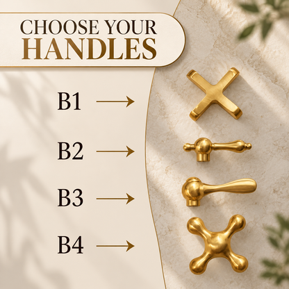 Faucet handle selection guide: B1 flat cross, B2 traditional lever, B3 rounded lever and B4 rounded cross in unlacquered brass