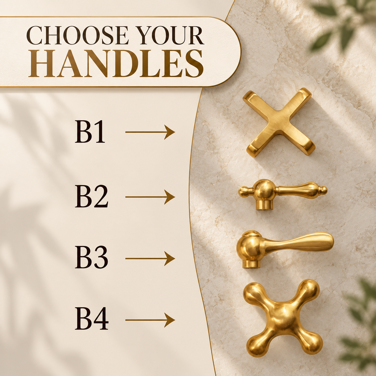 Faucet handle selection guide: B1 flat cross, B2 traditional lever, B3 rounded lever and B4 rounded cross
