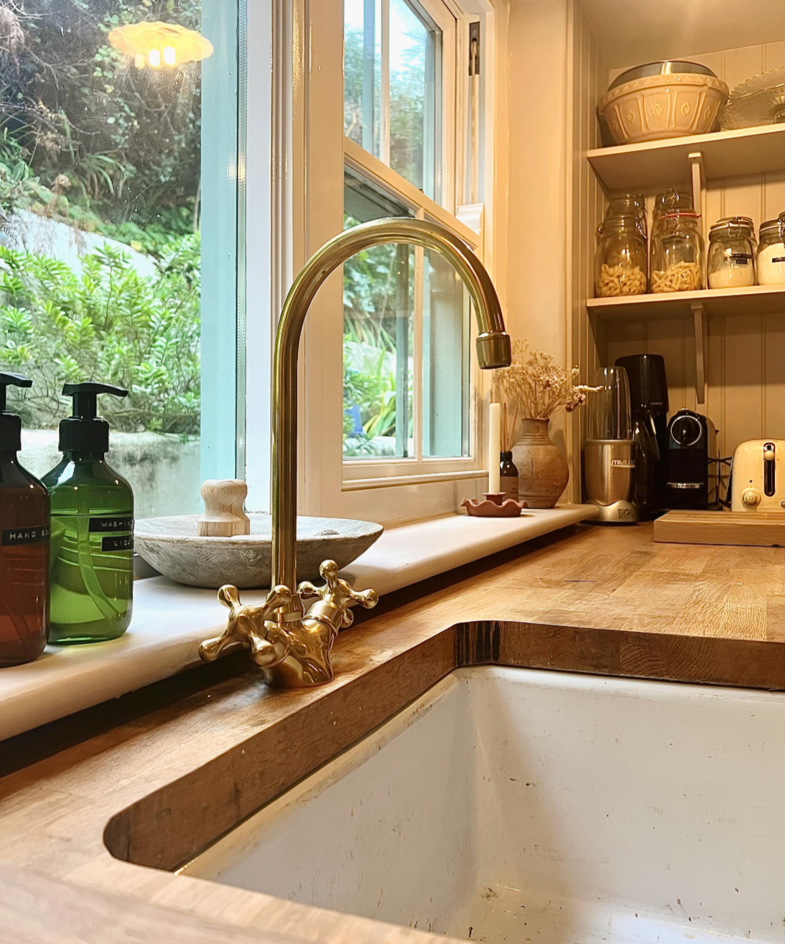 Unlacquered Brass Basin Faucet, Vintage Double Handle Tap, Single Hole Design For Bathroom