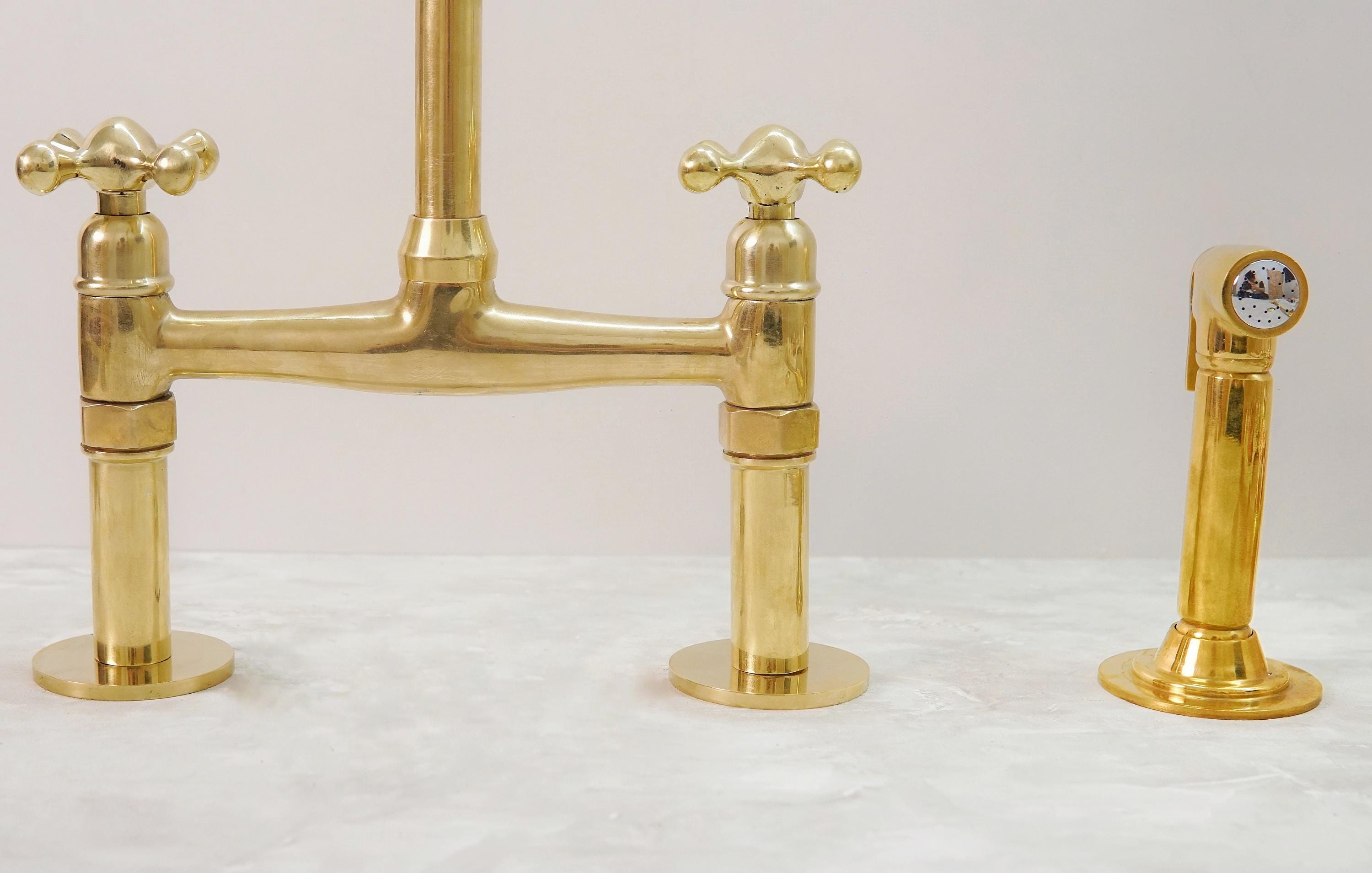 Unlacquered Brass Bridge Kitchen Sink Faucet with Side Sprayer and Drinking Water Tap
