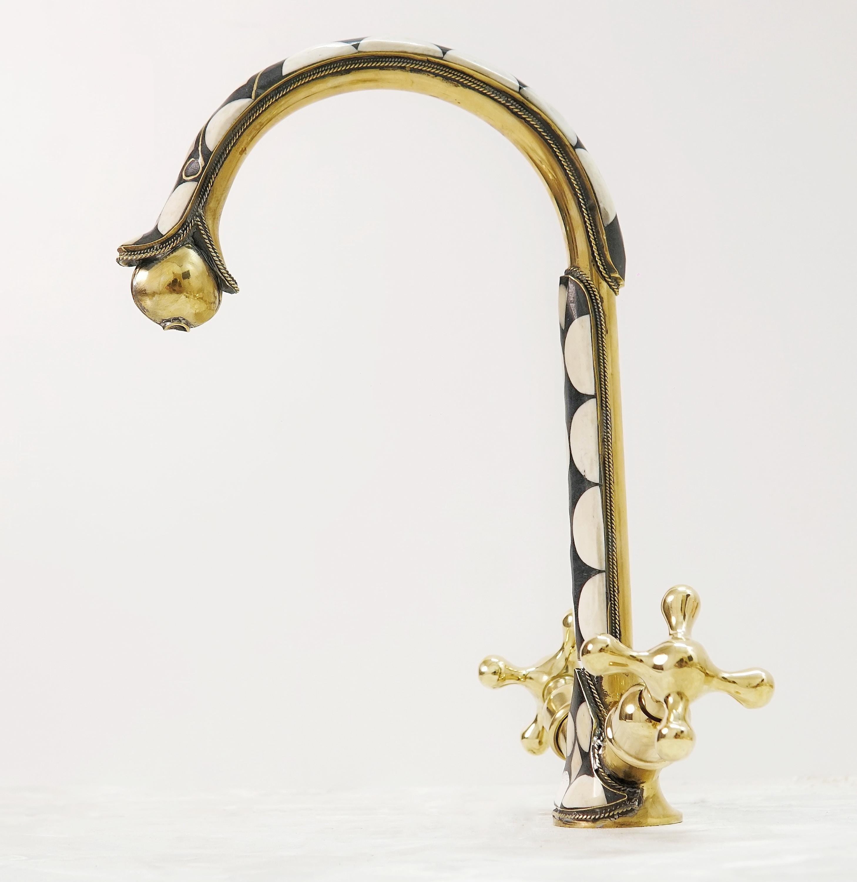 Handcrafted Brass & Resin Faucet: Geometric Inlay Gooseneck Design