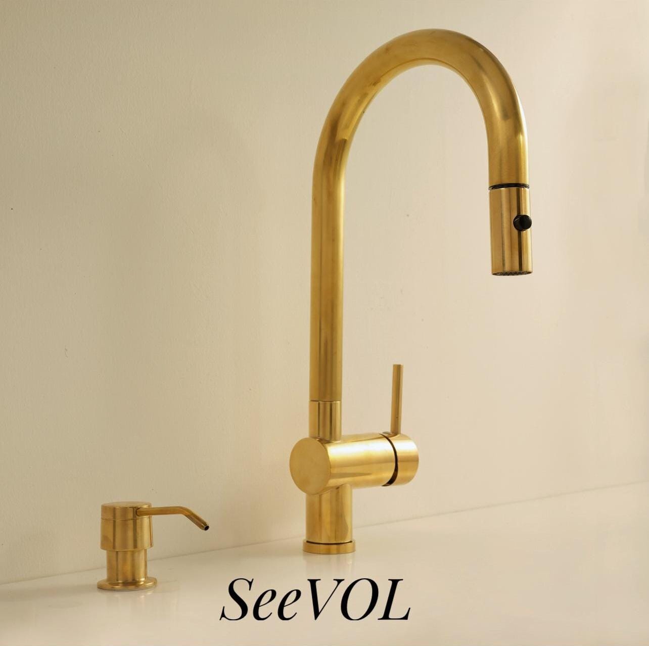Unlacquered Brass Single Handle Pull Down Kitchen Faucet,