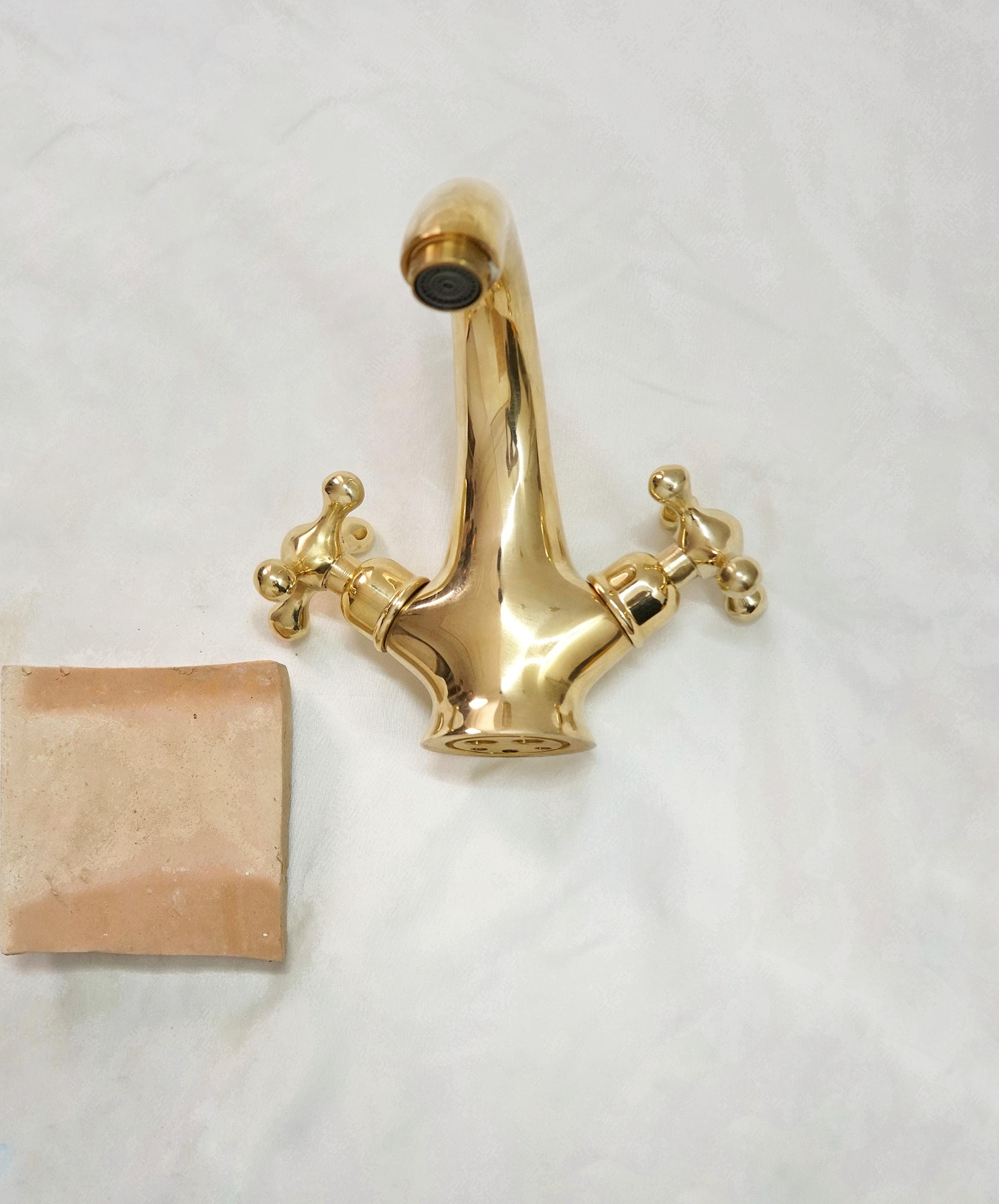 Unlacquered brass bathroom faucet, Single hole design, double handle faucet, Vintage style