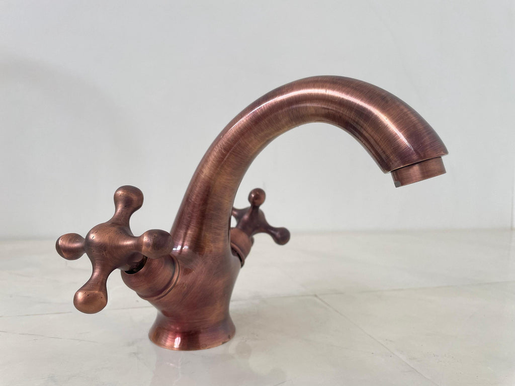 Solid Copper Bathroom Faucet: Vintage Style Cross Handle Basin Tap