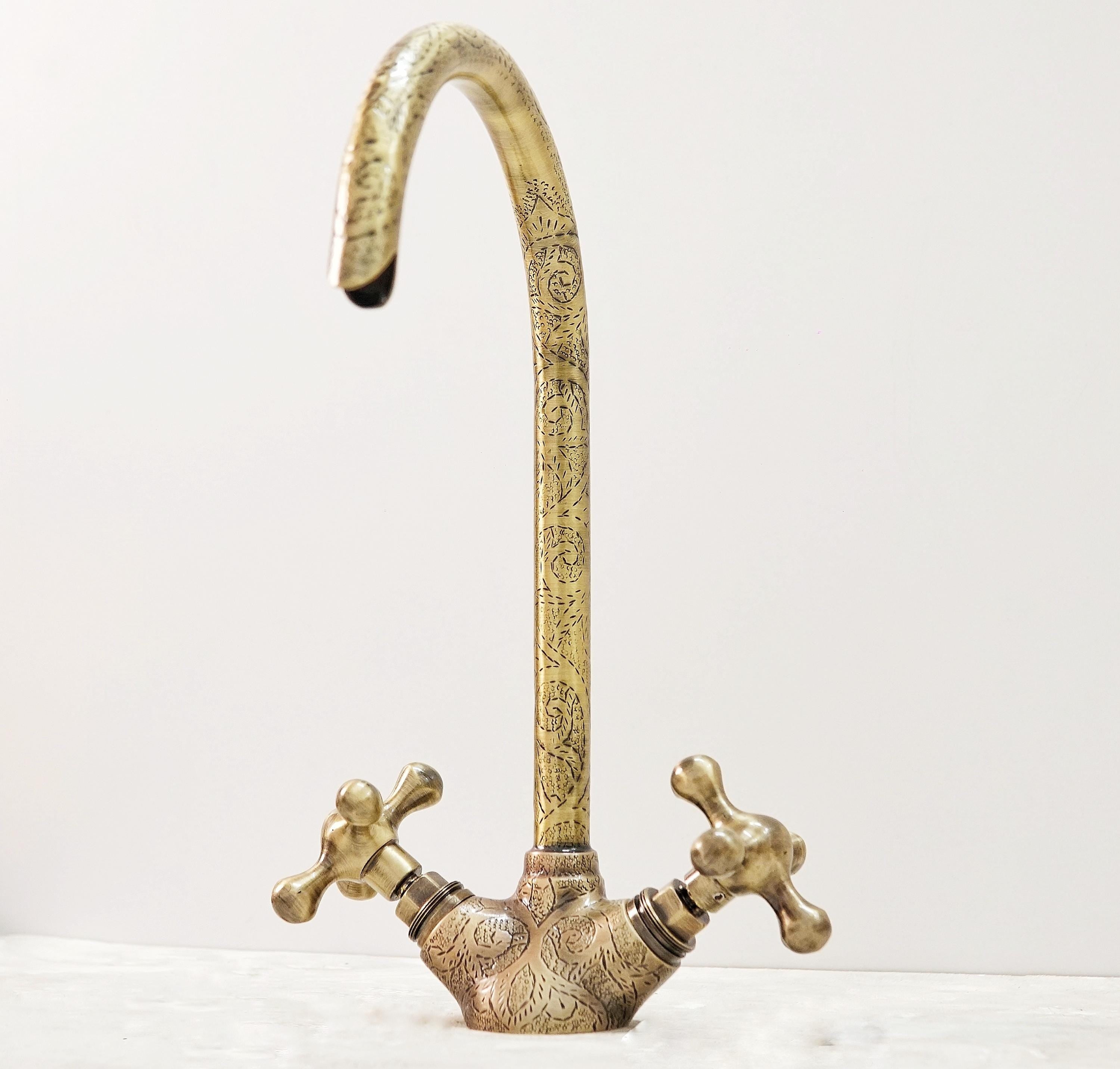 Handcrafted Engraved Brass Faucet: Antique Double Handle Design