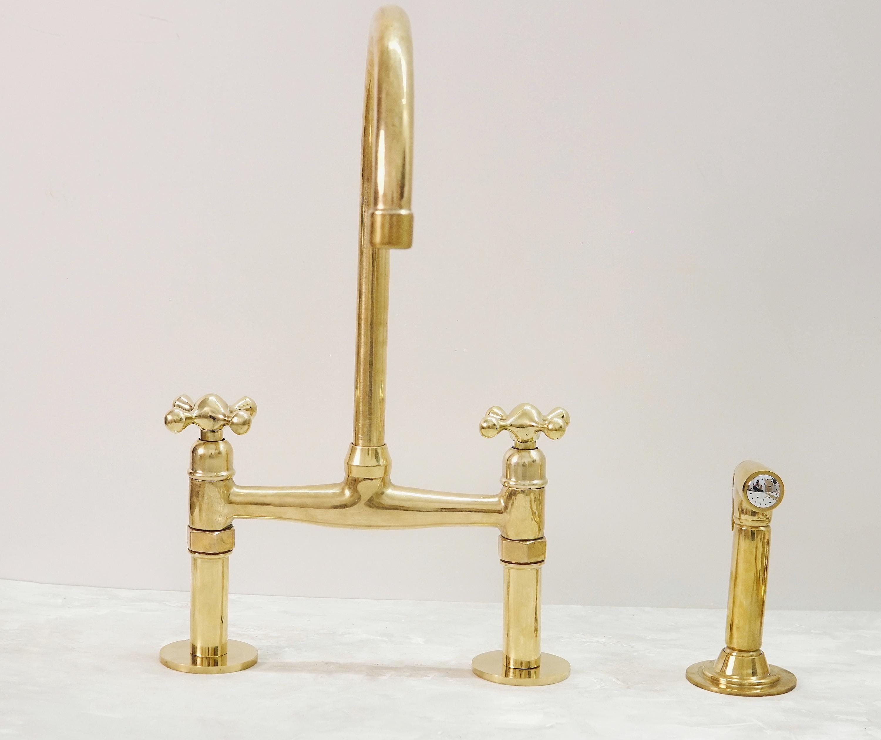 Unlacquered Brass Bridge Kitchen Sink Faucet with Side Sprayer and Drinking Water Tap