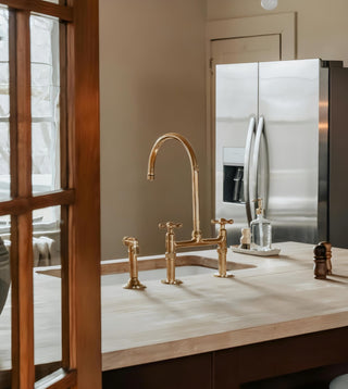 Unlacquered Brass Kitchen Faucet, Vintage 8-Inch Old Bridge Sink Faucet with Sprayer