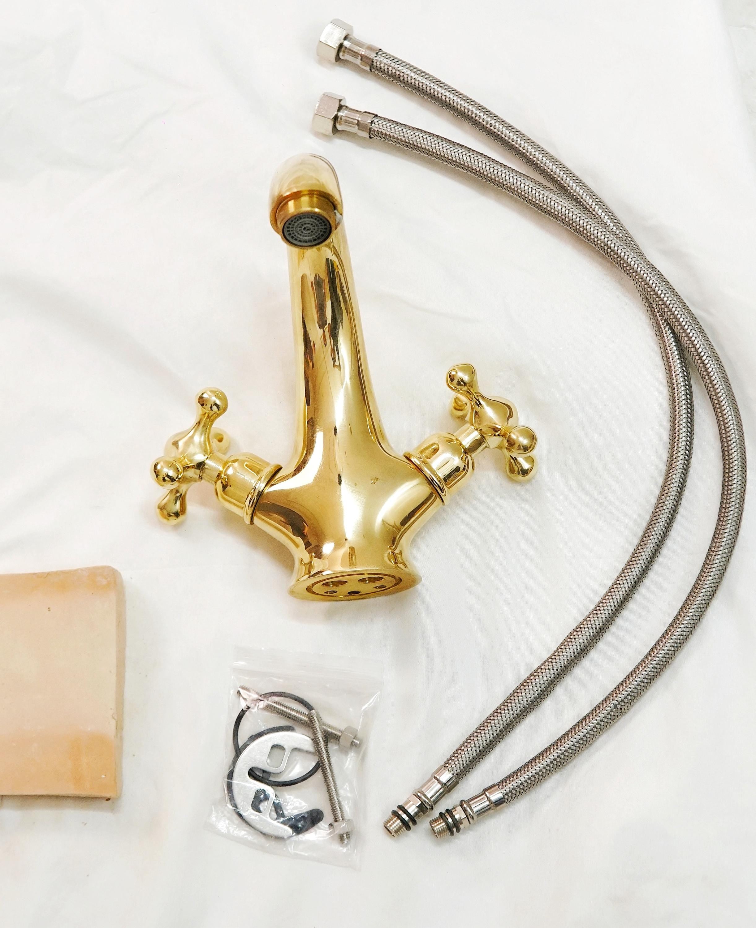 Unlacquered brass bathroom faucet, Single hole design, double handle faucet, Vintage style