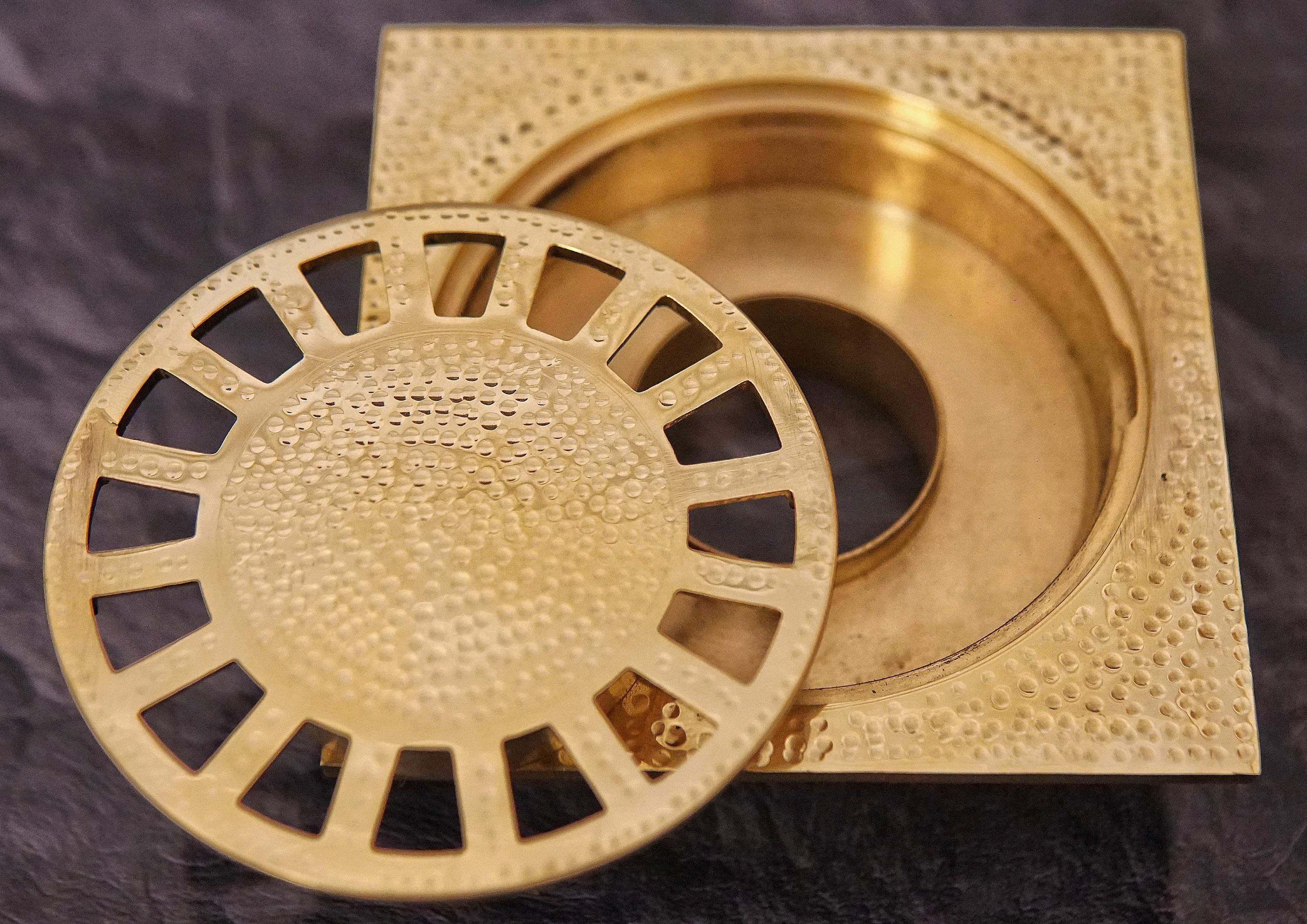 Unlacquered Brass Hammered Square Shower Floor Drain: Solid Brass