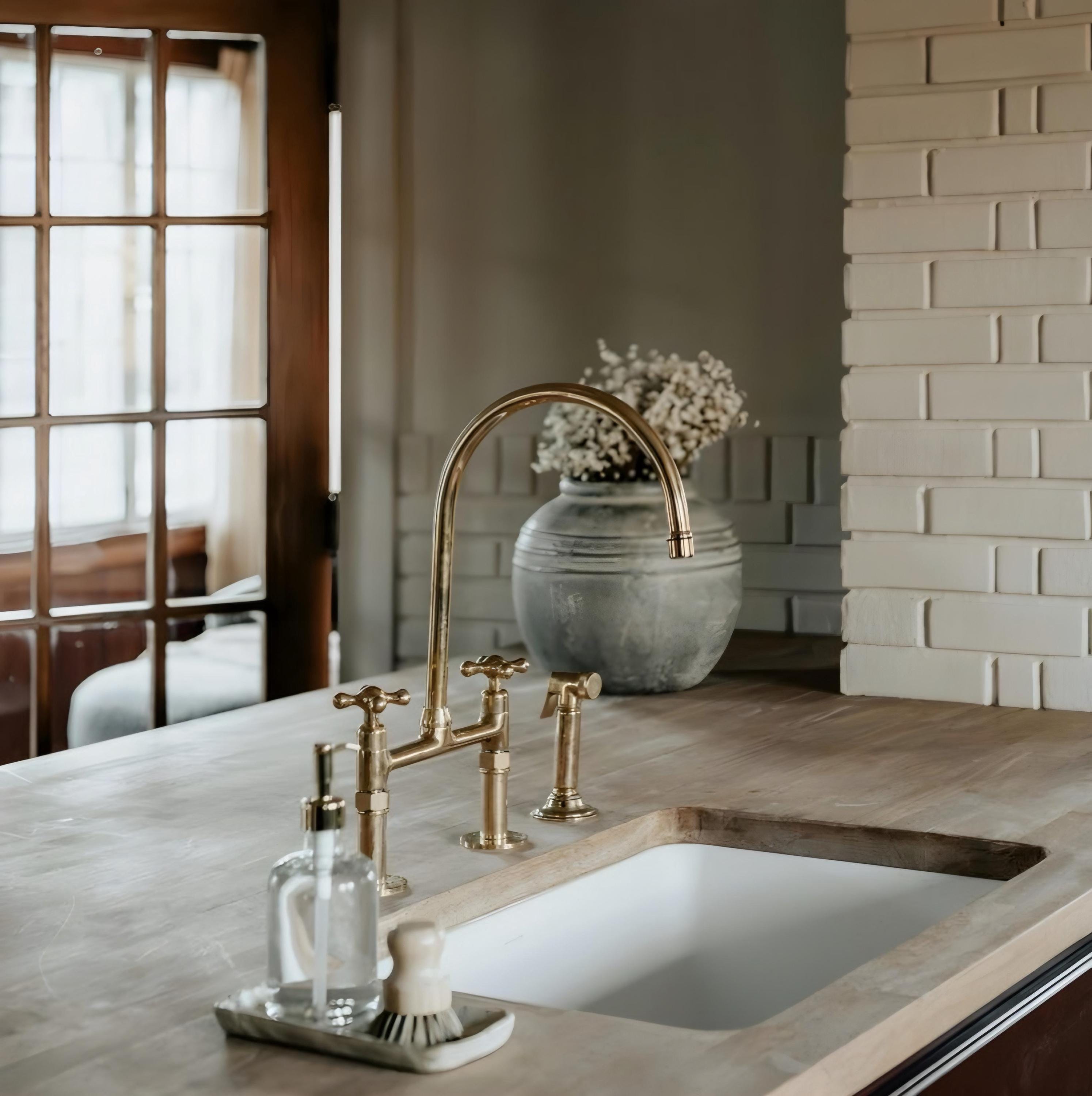 Unlacquered Brass Kitchen Faucet, Vintage 8-Inch Old Bridge Sink Faucet with Sprayer