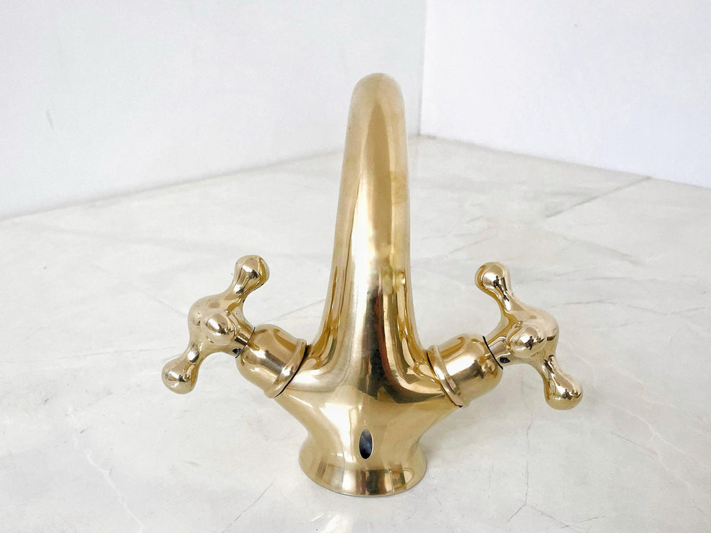 Unlacquered brass bathroom faucet, Single hole design, double handle faucet, Vintage style