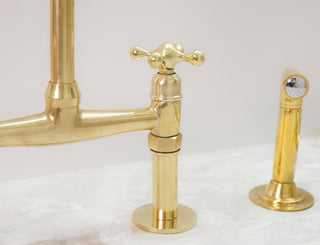Unlacquered Brass Bridge Kitchen Sink Faucet with Side Sprayer and Drinking Water Tap