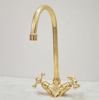 Unlacquered Brass Basin Faucet, Vintage Double Handle Tap, Single Hole Design For Bathroom