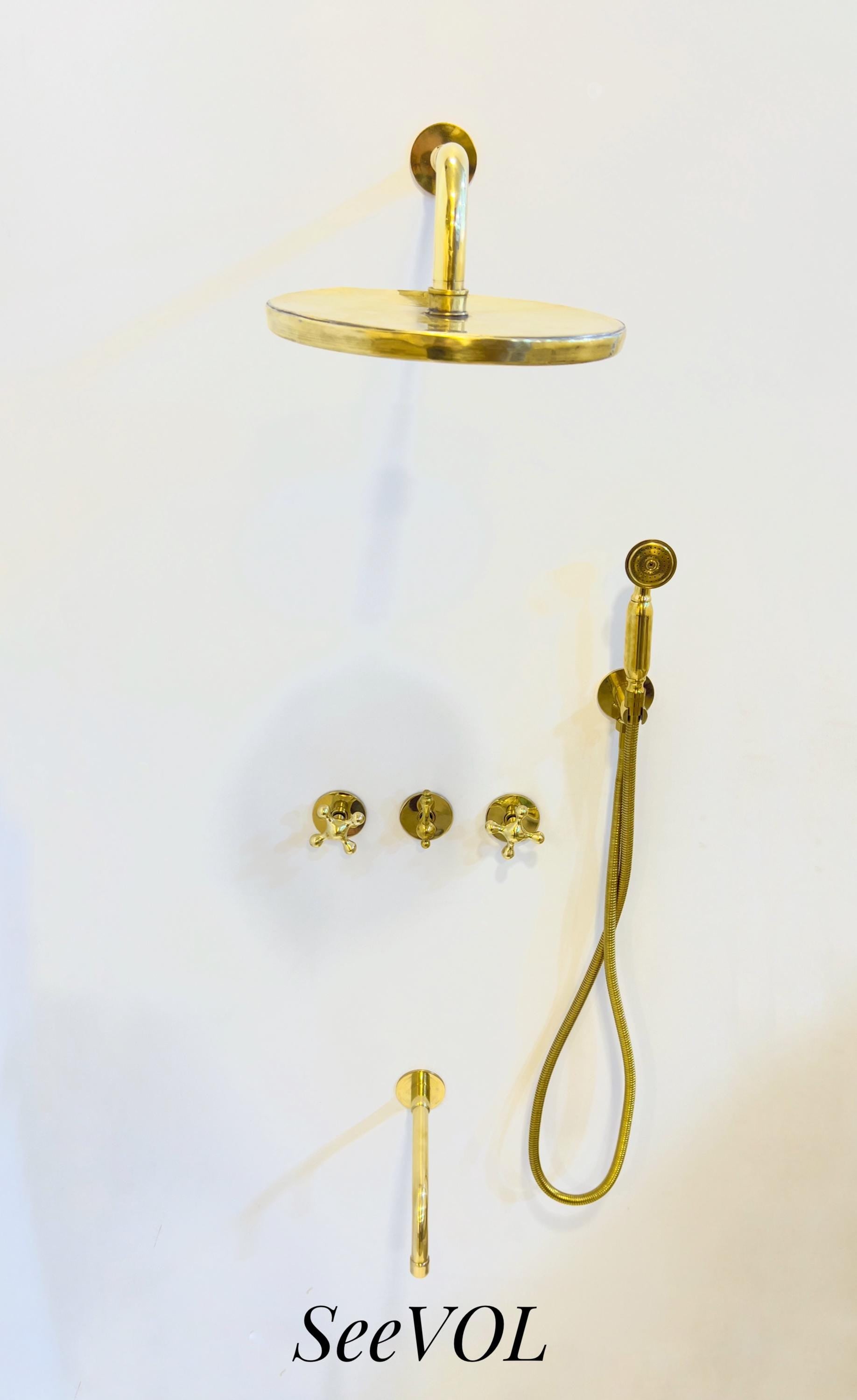 Luxury Unlacquered Brass Wall-Mounted Shower System with Overhead & Handheld Sprayer