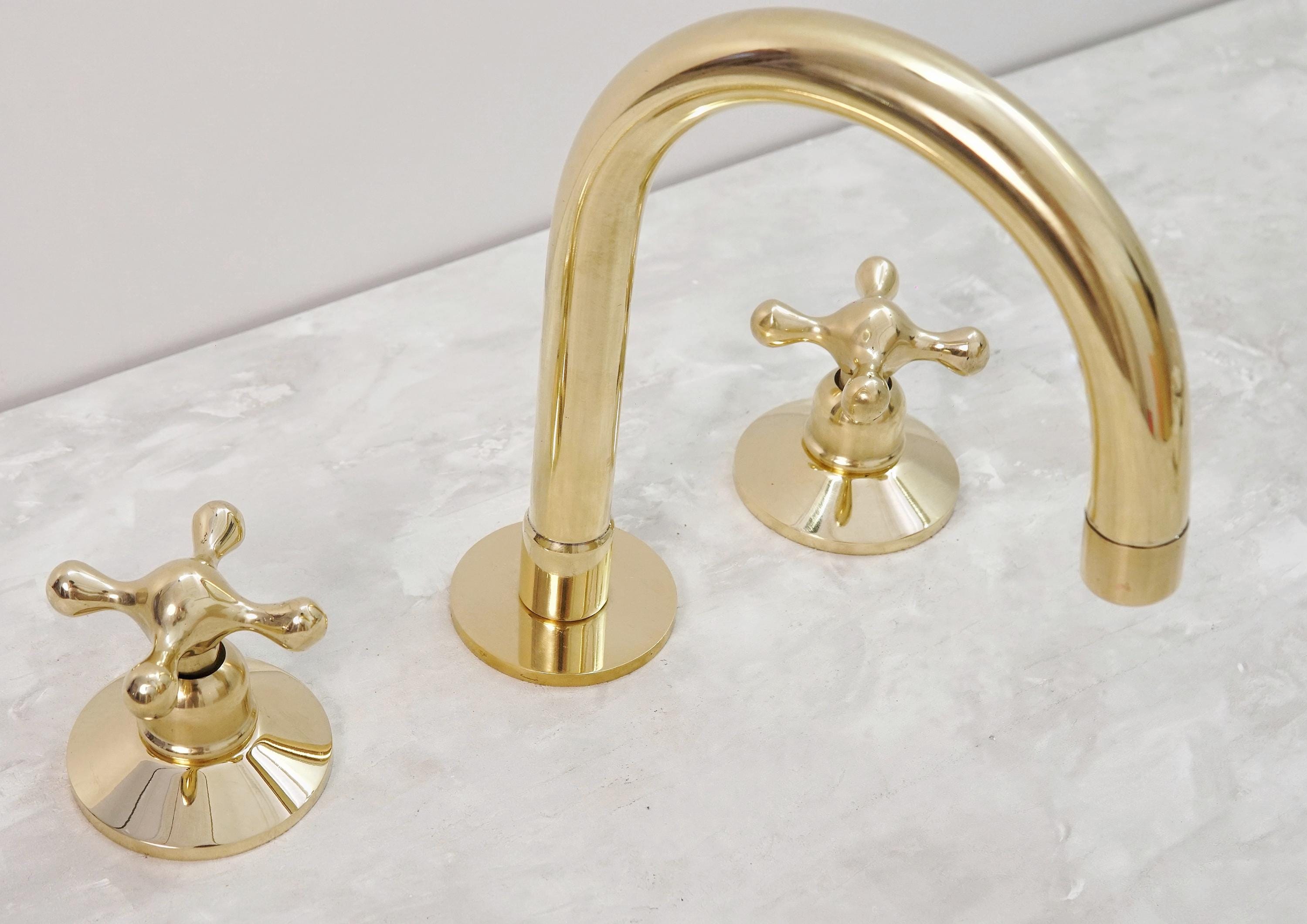 Unlacquered Brass Bathroom Faucet: Widespread 3-Hole Sink Fixture