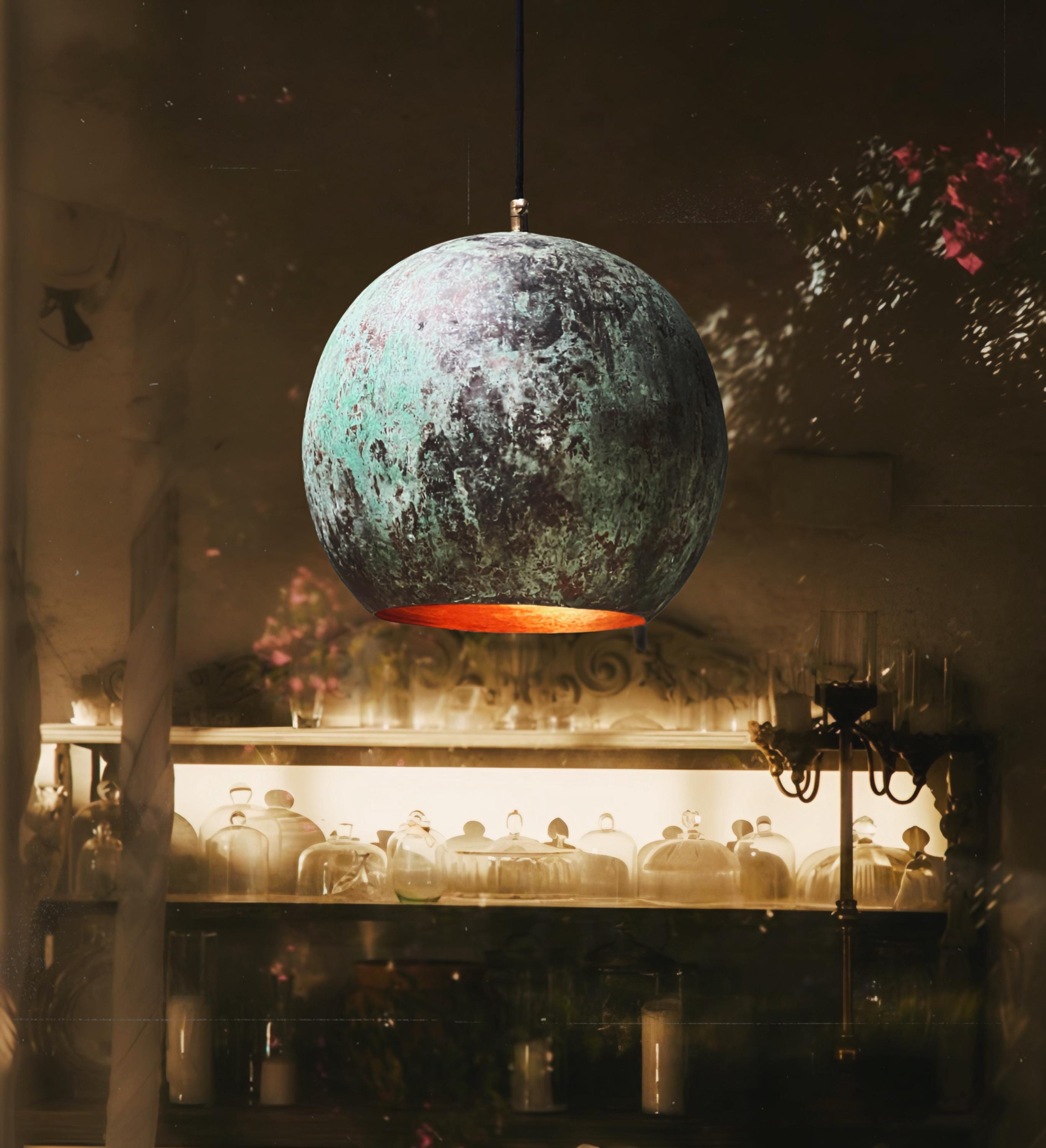 Handmade Verdigris Copper Pendant Light: Farmhouse Kitchen Lighting