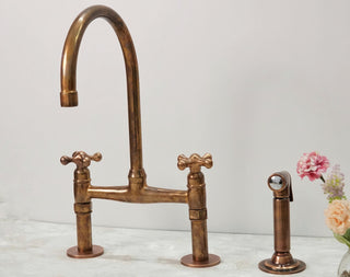 Unlacquered Copper Bridge Kitchen Faucet with Sprayer, Vintage Style