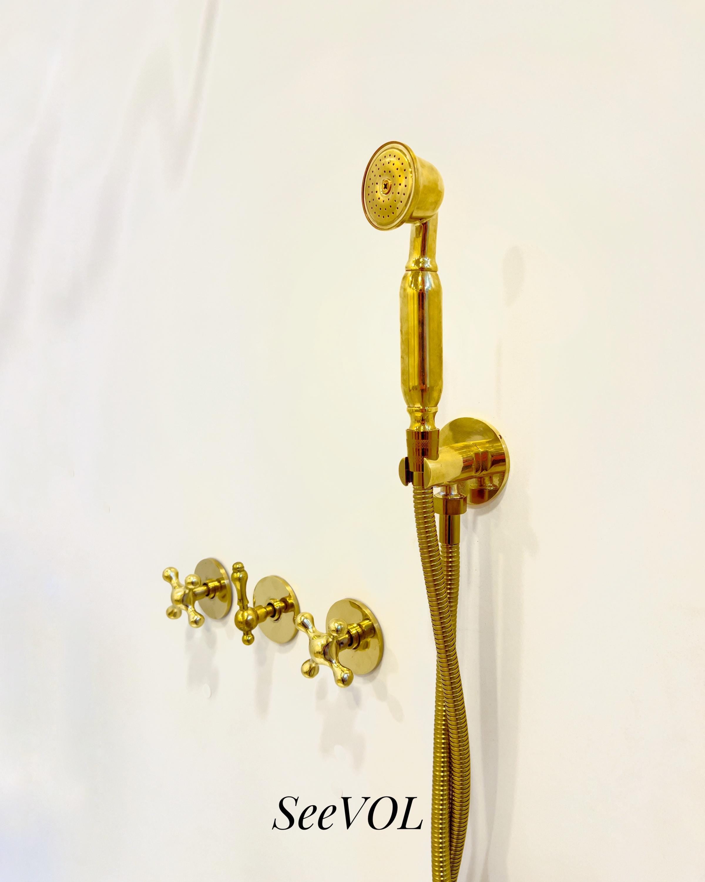 Unlacquered Brass Shower System, Handheld Set and SetHead, Rain shower, Hand made