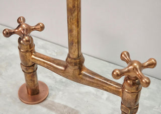 Unlacquered Copper Bridge Kitchen Faucet with Sprayer, Vintage Style