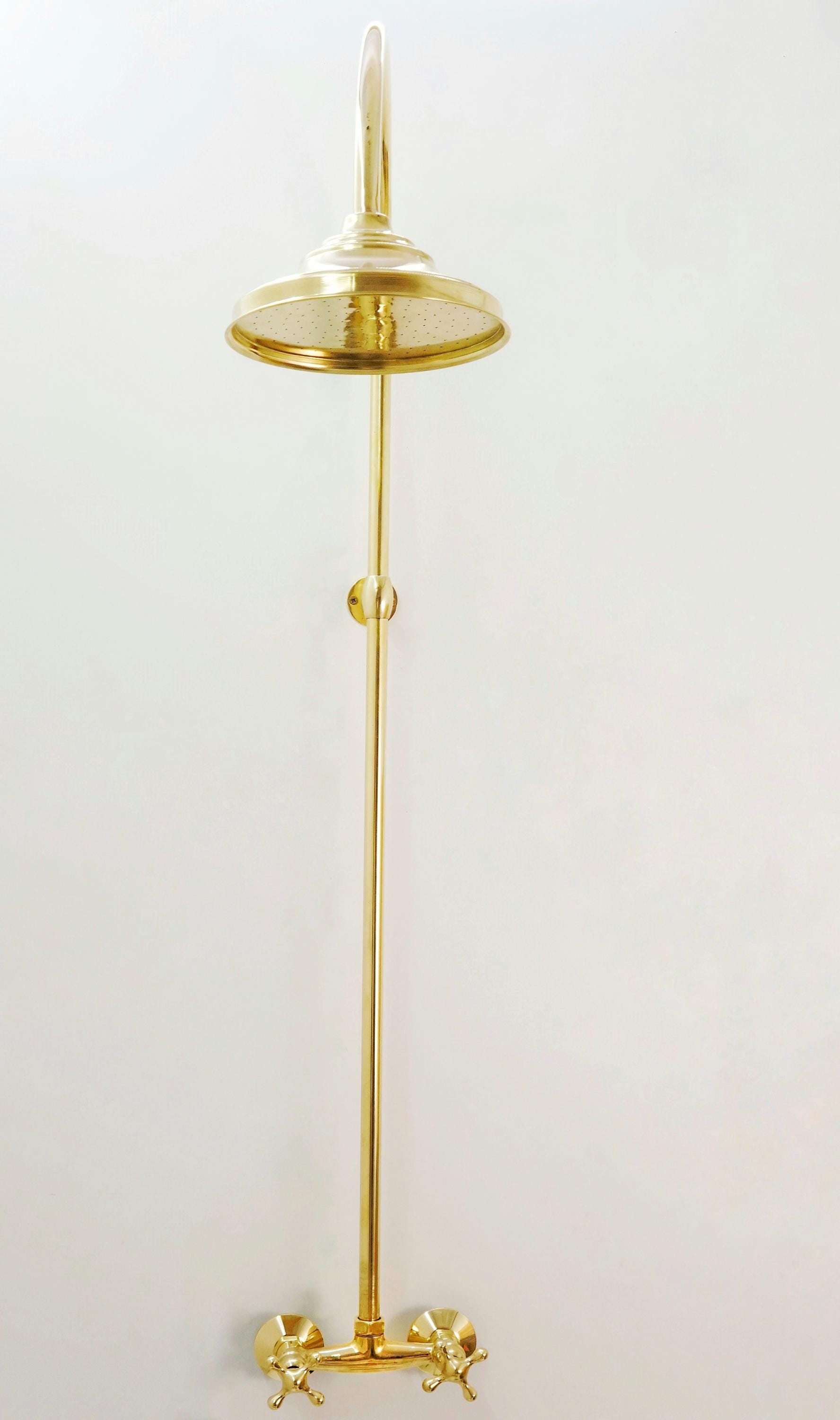 Unlacquered Brass Rainfall Shower System, Exposed Pipe