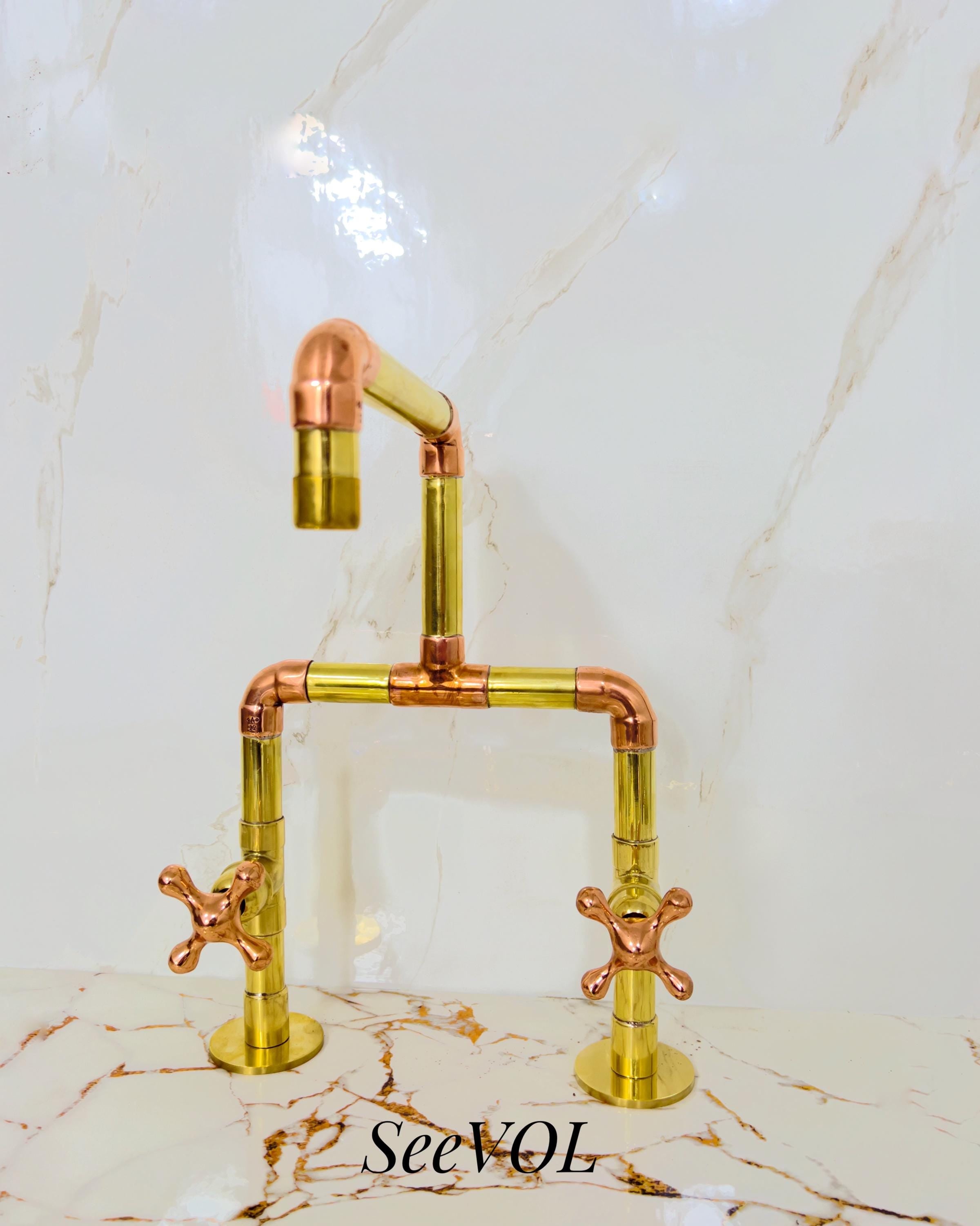 Handmade Brass & Copper Faucet, Industrial Vintage Double Handle Sink Tap